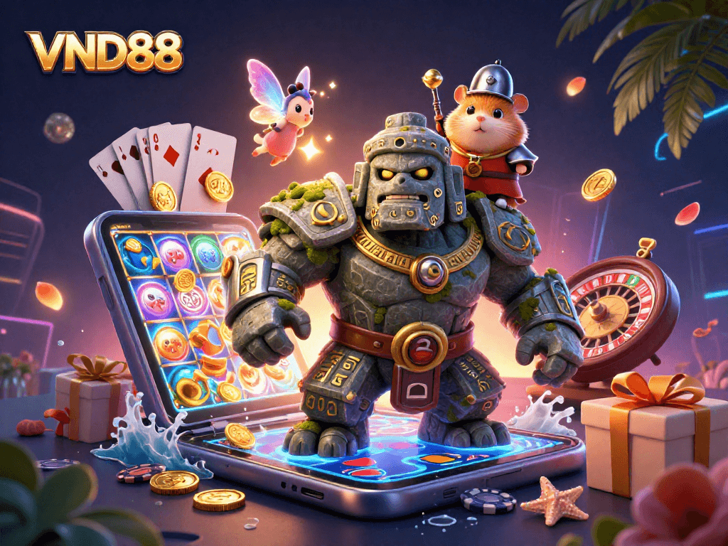 Engage with VND88 as a vibrant fantasy scene unfolds featuring a stone golem guardian and enchanting elements of gaming.