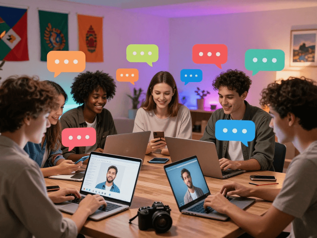 Engaging digital conversation scene showcasing spicychat with diverse individuals using tech devices, colorful chat bubbles, and a lively atmosphere.