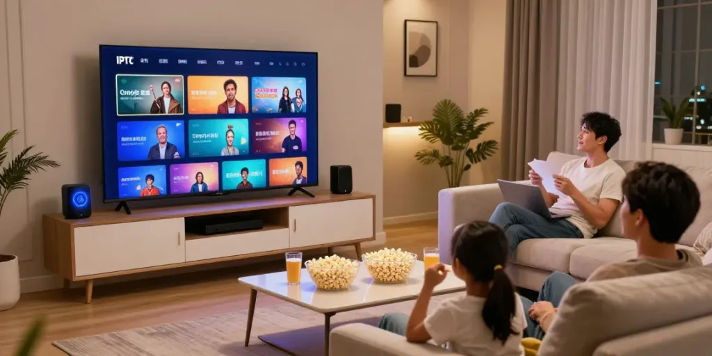 Family enjoying IPTV Italia content on a smart TV during movie night.