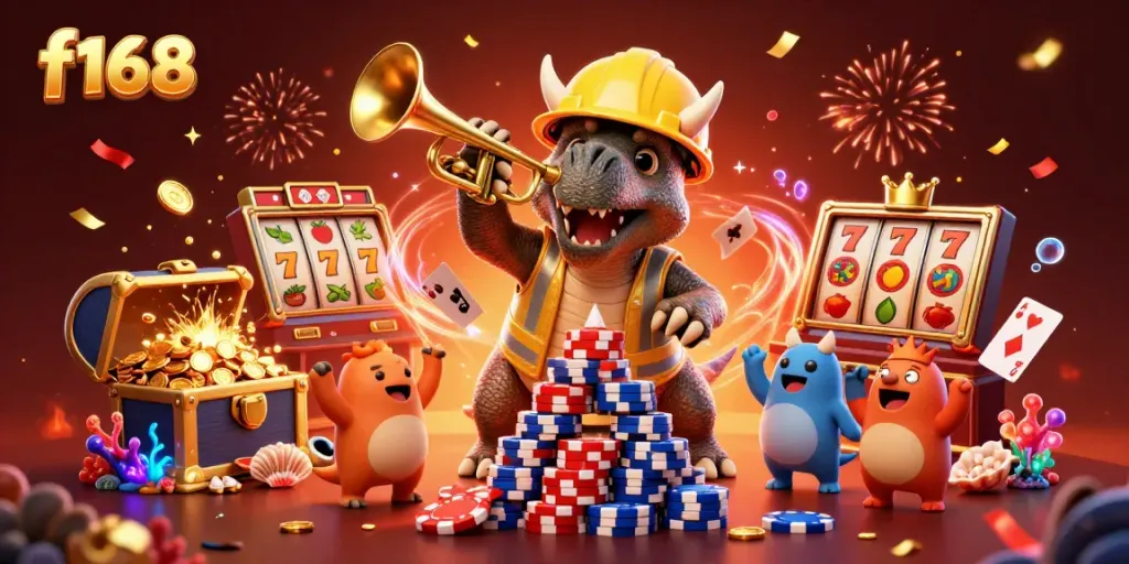 Experience thrilling slot action with f168 as animated characters celebrate atop poker chips.