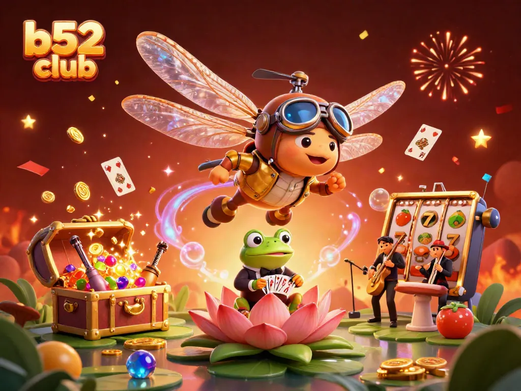 Experience exciting games at b52 club featuring a vibrant animated casino scene with unique characters.