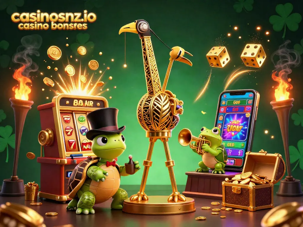 Experience casinosnz.io casino bonuses through an exciting 3D illustration of lively casino characters and vibrant game elements.
