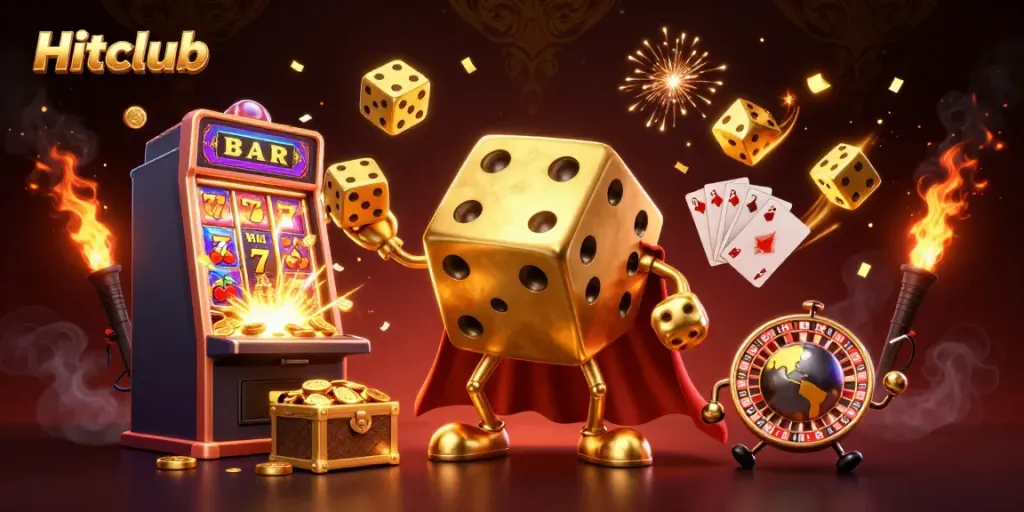Experience the Hitclub adventure with golden dice and a dazzling slot machine jackpot.