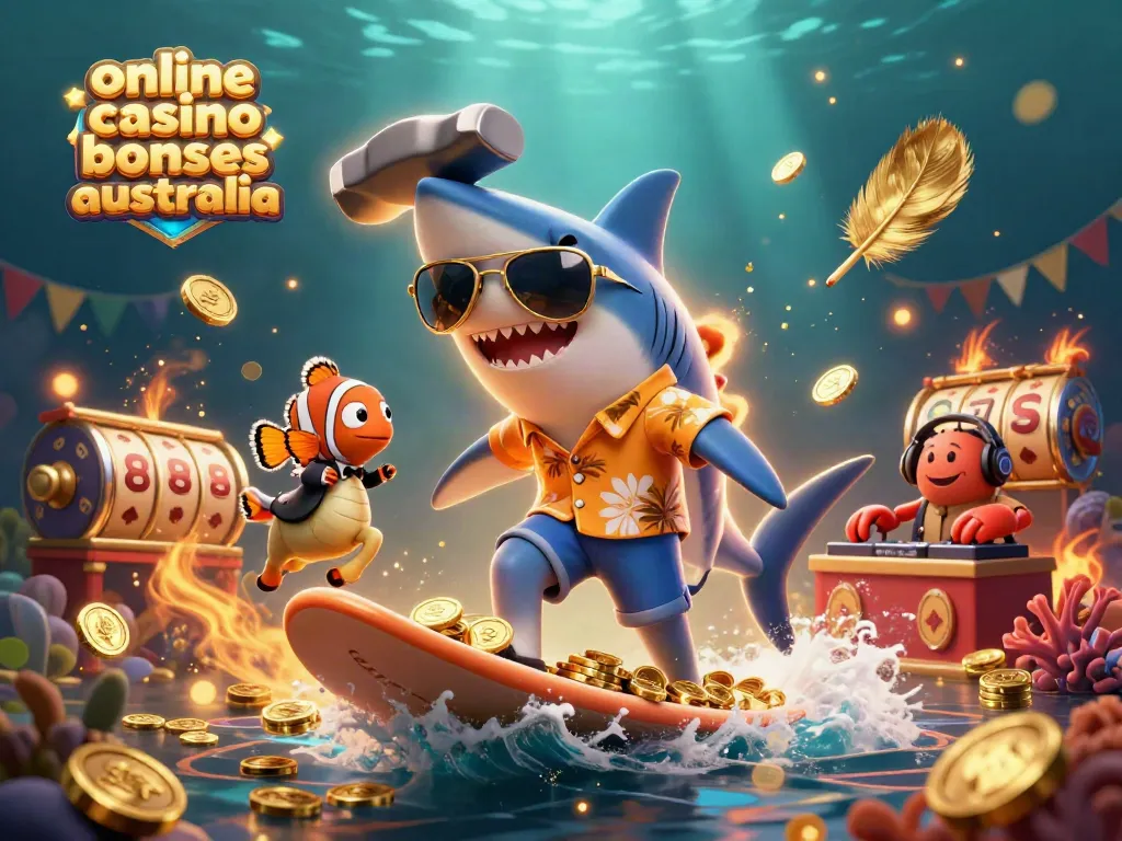 Experience thrilling online casino bonuses Australia with a vibrant 3D scene of a shark, clownfish, and crab amidst dynamic gaming elements.