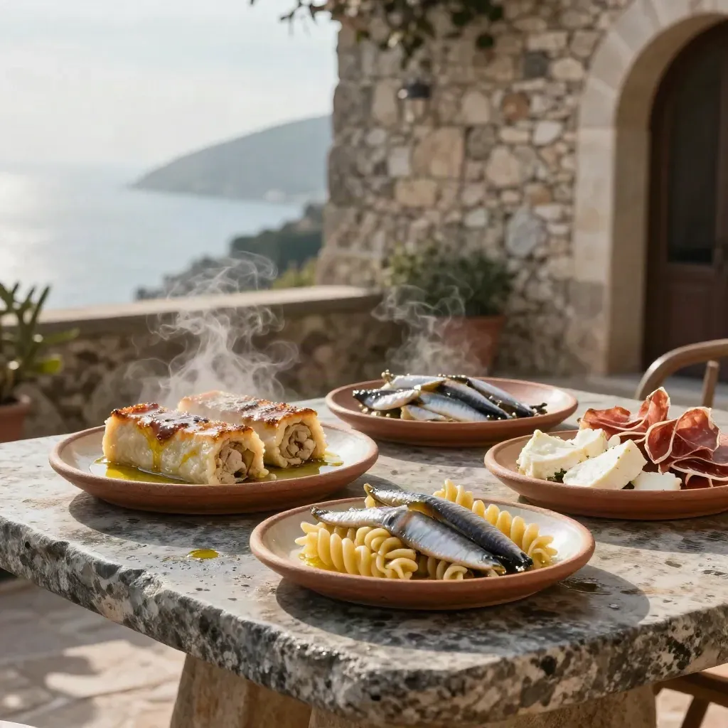 Tavola di pietra nel cortile cilentano con lagane fumanti, alici, fusilli e olio.