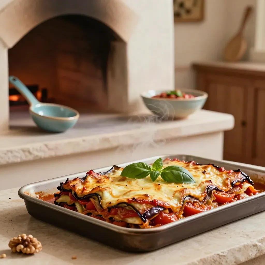 Teglia di parmigiana di melanzane fumante con basilico, salsa e mestolo in ceramica.