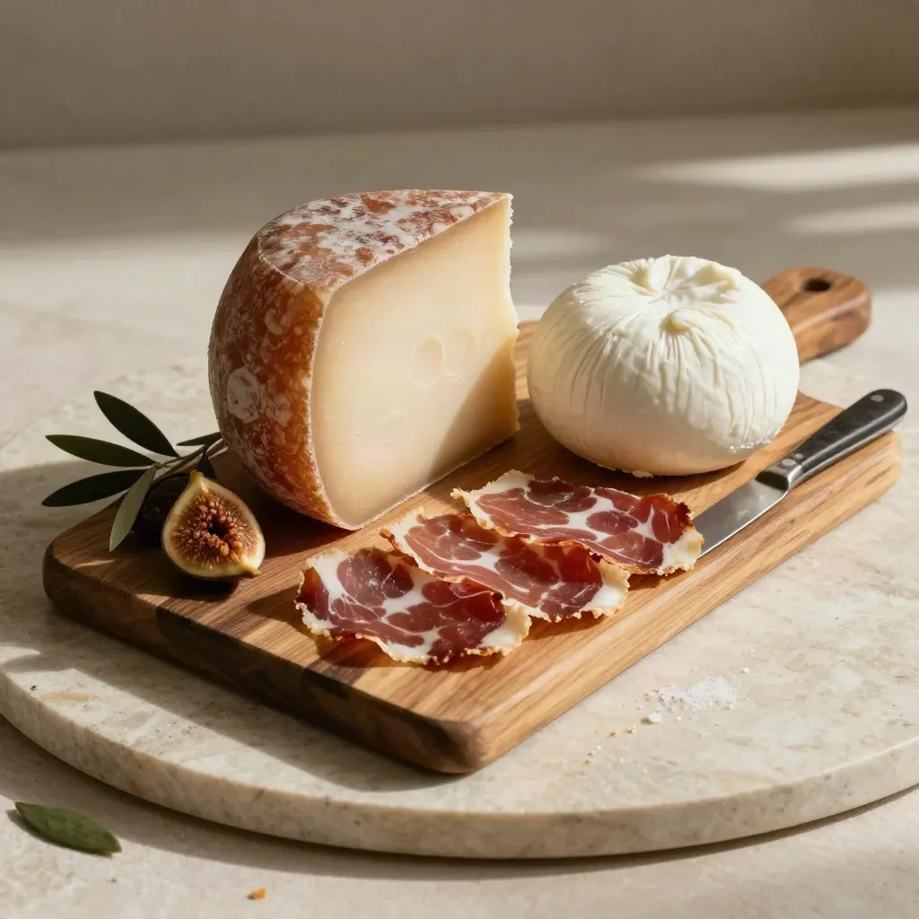 Tagliere con caciocavallo, caprino, soppressata e fichi secchi su pietra chiara.