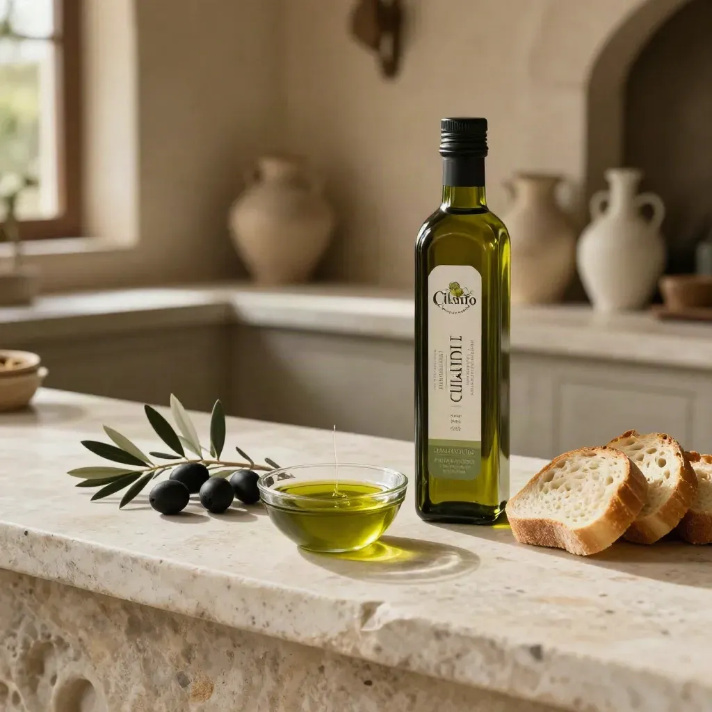 Bottiglia di olio del Cilento con ciotola di assaggio, olive e pane su pietra chiara.