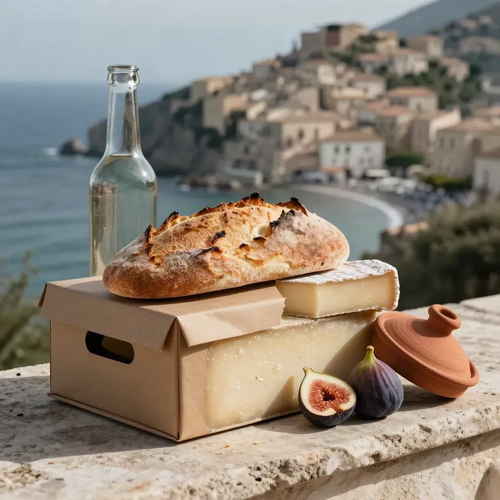 Box picnic e prodotti tipici su terrazza costiera, con borgo sullo sfondo e luce drammatica