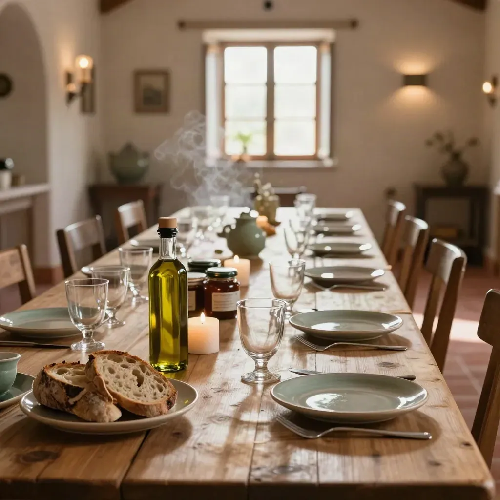 Tavola di degustazione cilentana con bicchieri, pane, olio, conserve e candele in luce calda