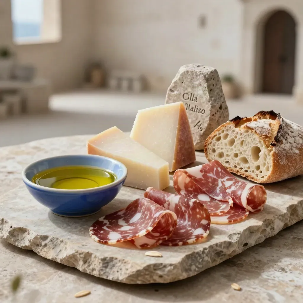 Assaggi cilentani su lastra di pietra: olio, formaggi, salumi e pane in una scena luminosa.