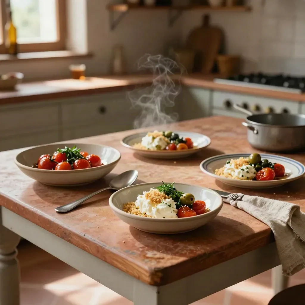 Banco cucina in agriturismo con piatti di stagione, erbe fresche e utensili in acciaio, luce calda.