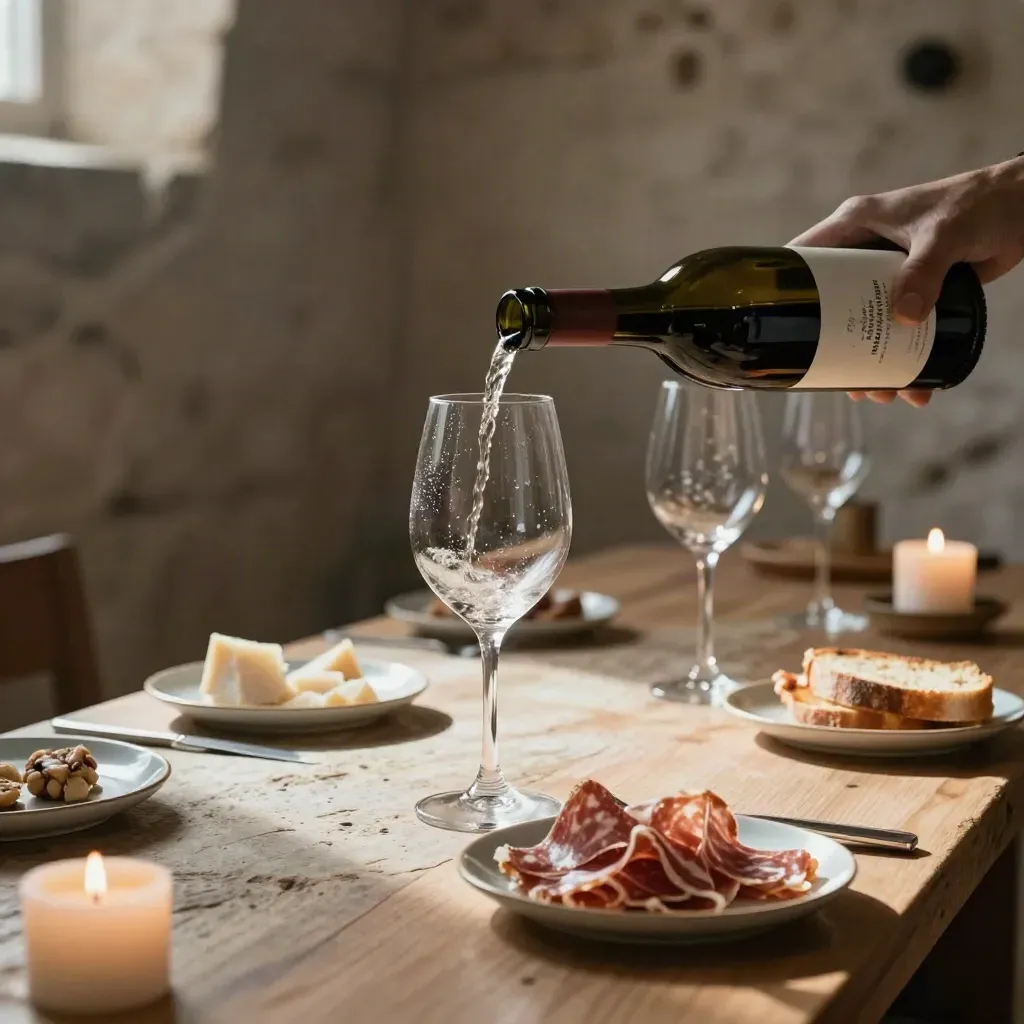 Degustazione privata in sala in pietra con vino versato, candele, bicchieri e taglieri pronti.