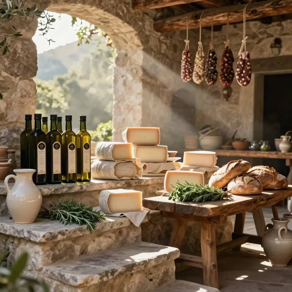 Olio, formaggi, salumi e pane in una loggia in pietra, con luce dorata cilentana.