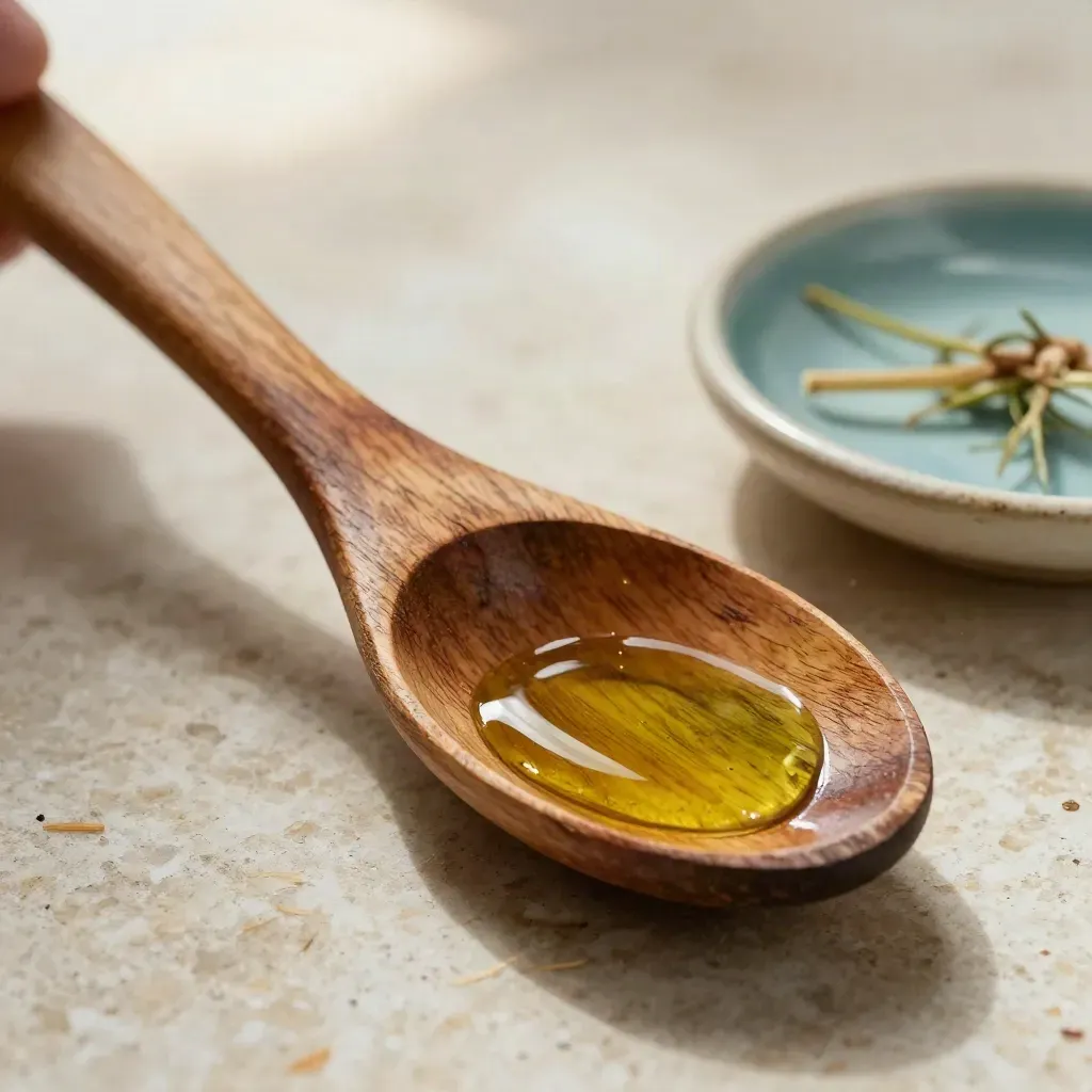 Cucchiaio antico con goccia d’olio, piattino in ceramica e finocchietto su travertino.