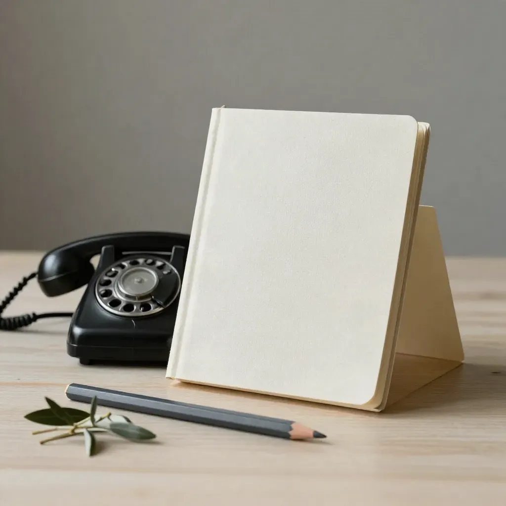 Telefono spento, taccuino in lino, matita e rametto d’ulivo su legno chiaro.