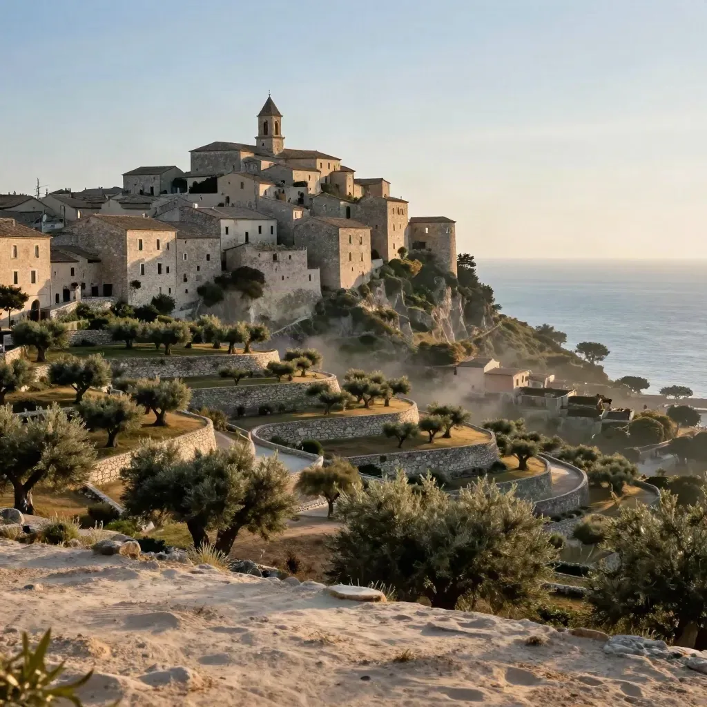 Borgo in pietra del Cilento tra ulivi a terrazze e mare velato nella luce calda.