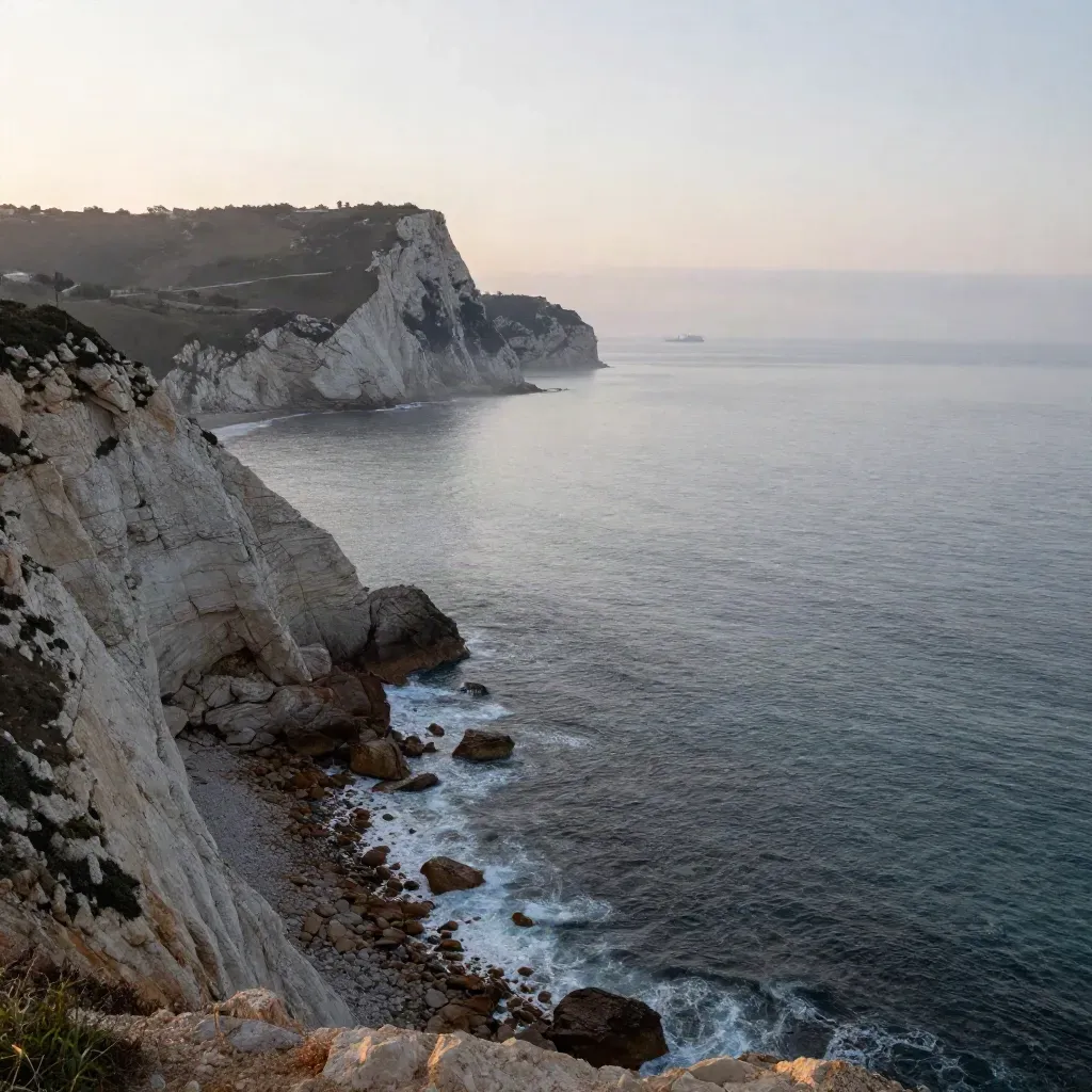 Costa Cilentana con scogliera chiara, mare calmo e foschia mattutina.