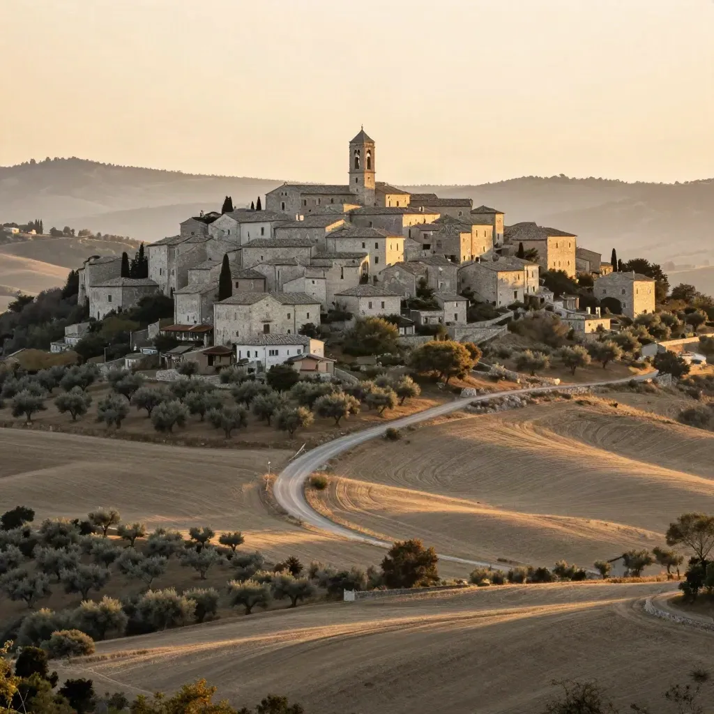 Borgo collinare del Sud Salernitano tra uliveti, muri in pietra e strada lenta al sole basso.