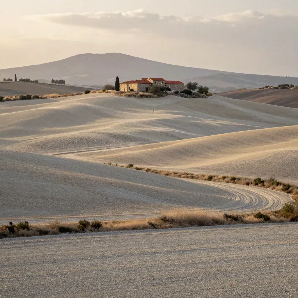 Paesaggio ampio della Campania interna con campi chiari, masseria lontana e dorsale vulcanica sfumata.