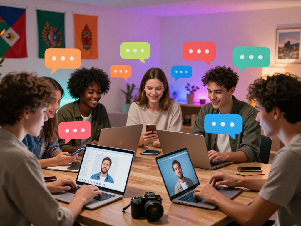 Engaging digital conversation scene showcasing spicychat with diverse individuals using tech devices, colorful chat bubbles, and a lively atmosphere.
