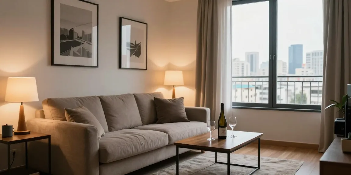 Stylish living room in a discreet apartment in Haifa, perfect for private gatherings.