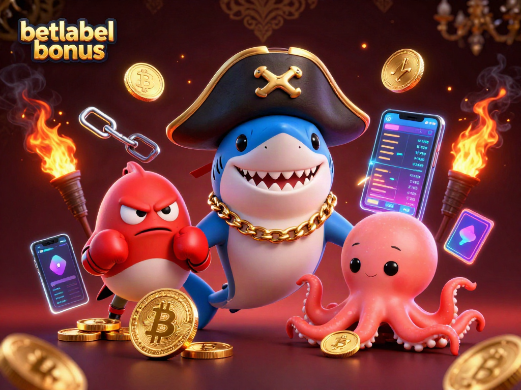 Engage with the betlabel bonus in an ultra-detailed 3D illustration featuring characters and crypto elements.