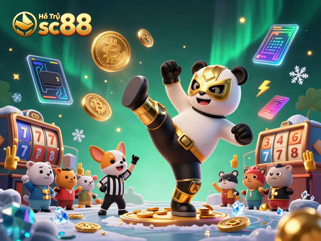 Engaging scene showcasing a 3D cartoon panda wrestler in action, as Hỗ Trợ sc88 enhances the excitement of casino rewards.