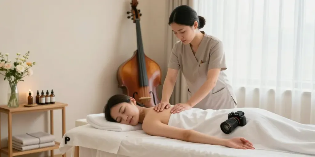 Relaxing 구로출장안마 scene with therapist and client in soothing wellness room