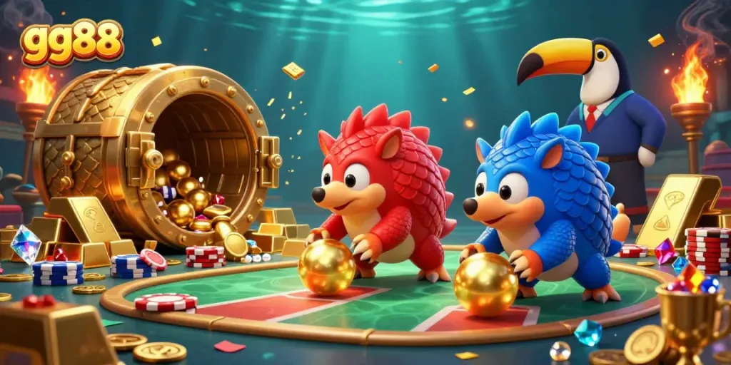 Engage in thrilling gameplay with gg88 as rival pangolins compete amidst golden treasures and poker chips.