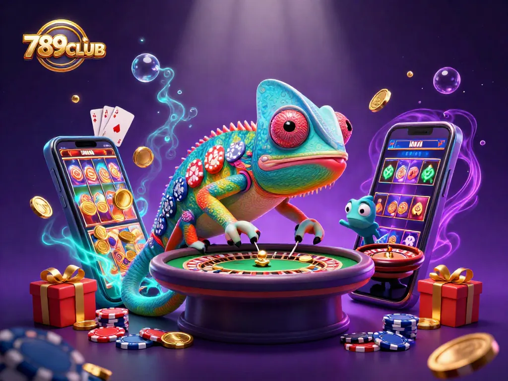 Experience thrilling gameplay at 789CLUB with vibrant casino elements and a chameleon mascot.